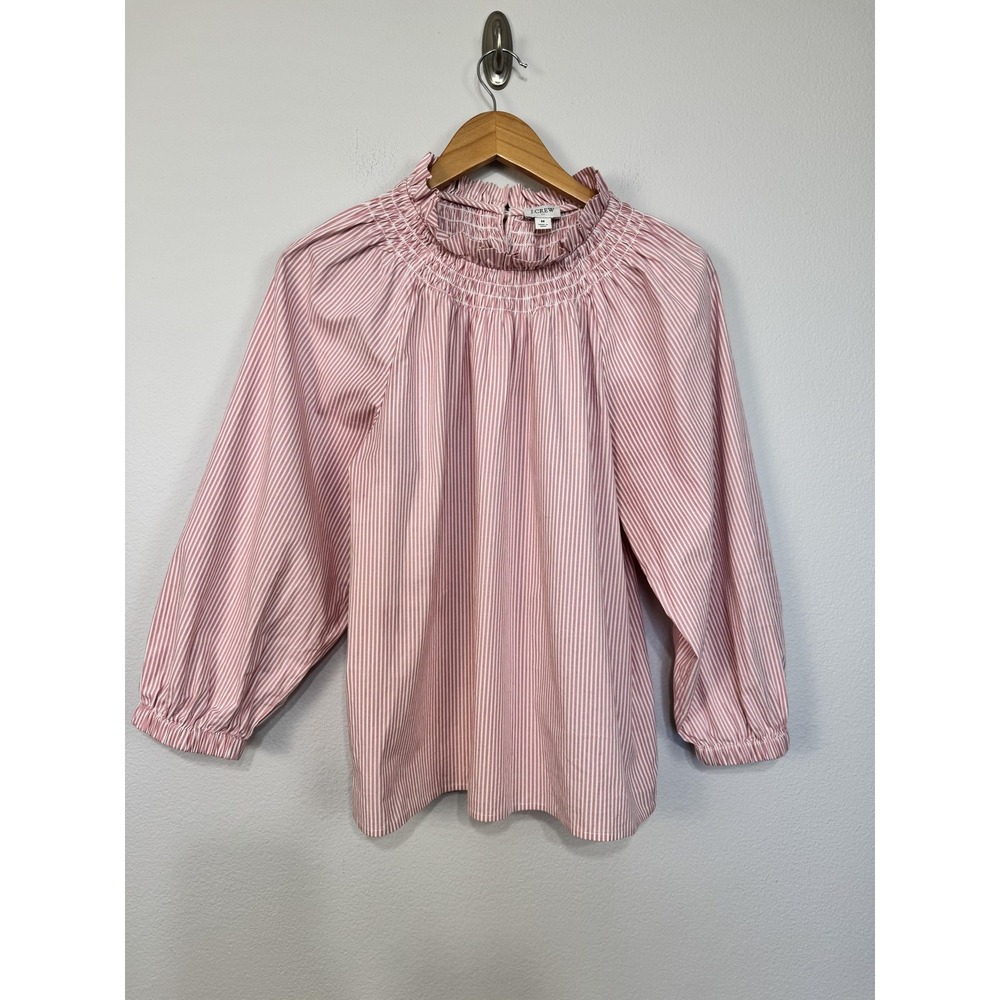 J.Crew Blouse Women's Medium Pink Striped Smocked High Neck Puff Sleeve Top